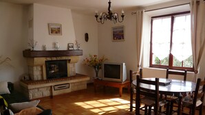 Un salon avec une cheminée, un téléviseur, une table à manger avec des chaises et une fenêtre avec des rideaux.