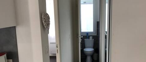 Een smalle gang met een donkere houten vloer, die leidt naar een badkamer met toilet en wastafel.