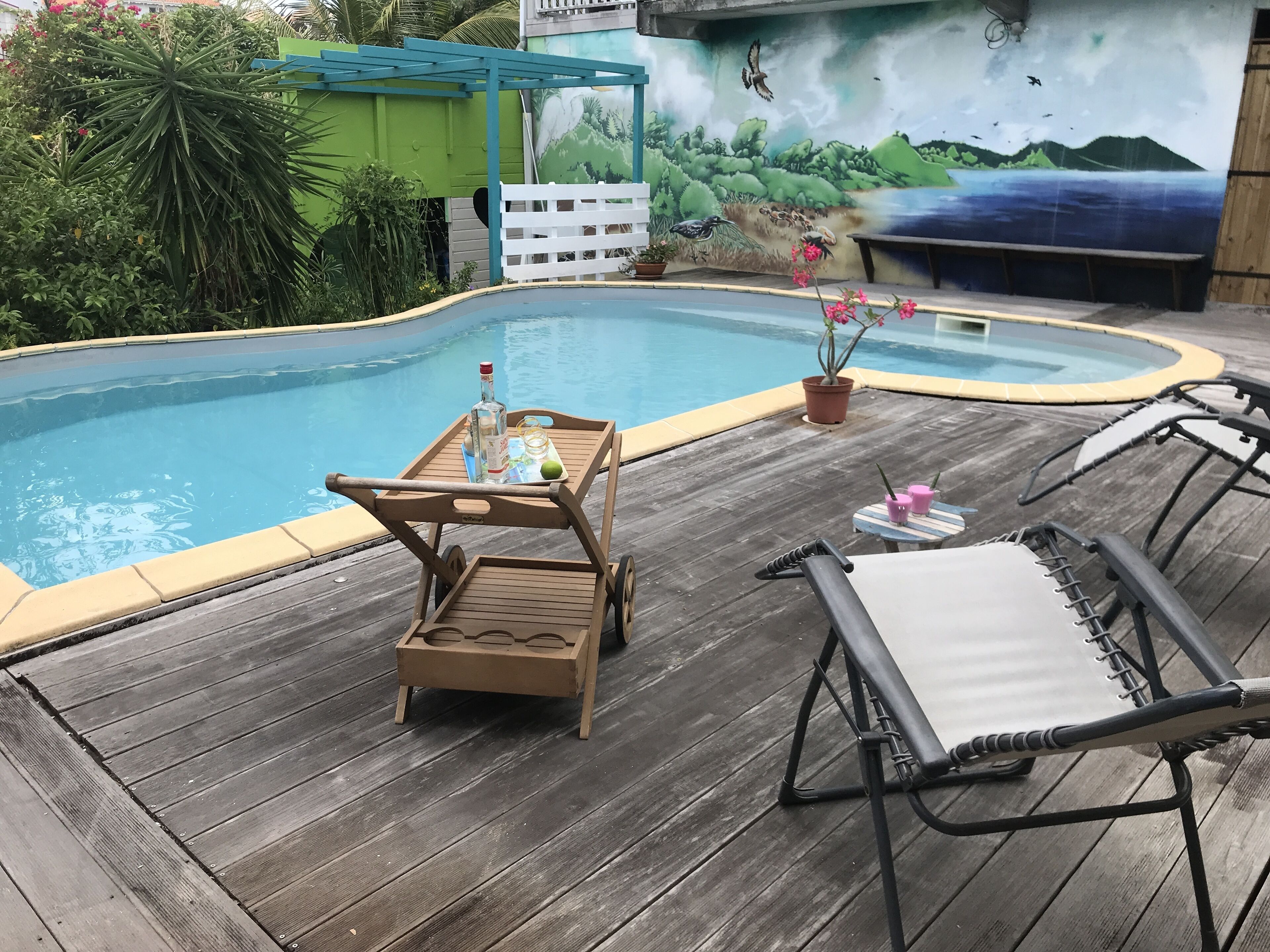 Un área de piscina con terraza de madera, sillas de descanso, una mesa con bebidas y un mural de fondo.