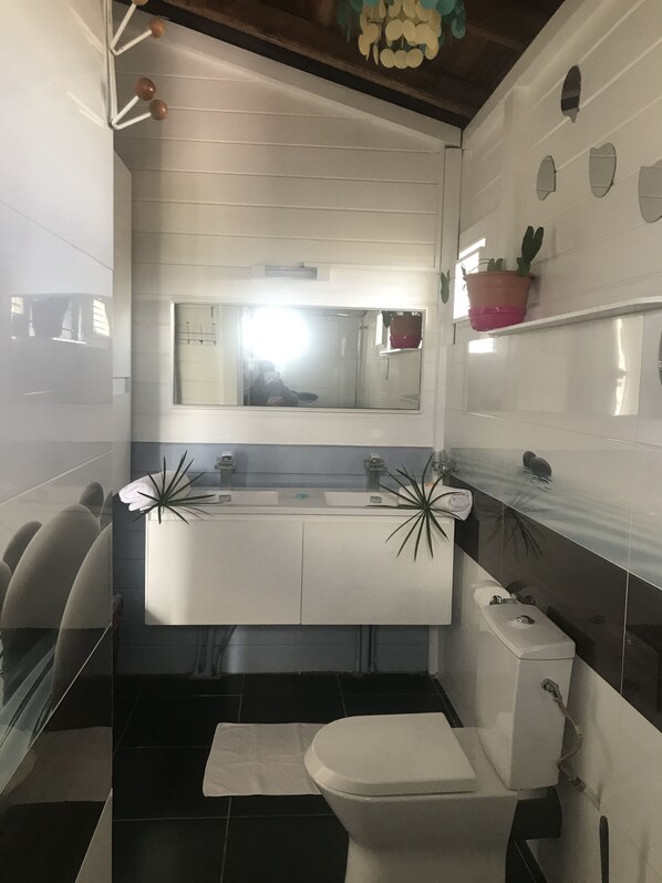 A modern bathroom with a dual sink vanity, a toilet, and a mirror above the sink.