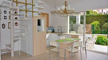 Fridge, oven, dishwasher, coffee/tea maker