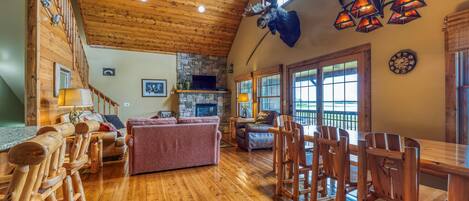 Flat-screen TV, fireplace, DVD player, stereo