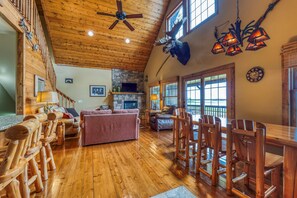 Flatskjerm-TV, peis, DVD-spiller og stereoanlegg