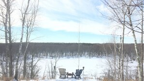 A snowy landscape with two chairs and a table in the foreground, surrounded by birch trees and a forest in the background. - Kettle River Cabin nestled between the Twin Cities & Duluth, MN (Hinckley)