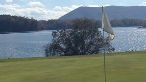 Un campo de golf con un mástil de bandera, una bandera y un cuerpo de agua al fondo.
