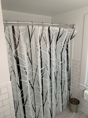 Combined shower/tub, hair dryer, towels