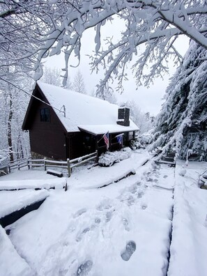 Une cabane dont le toit est recouvert de neige, avec une cheminée et un drapeau américain.
