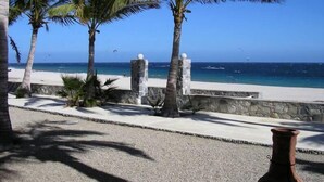 Una playa con palmeras y un muro de piedra.