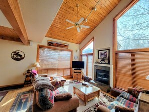 Smart TV, fireplace, DVD player, books