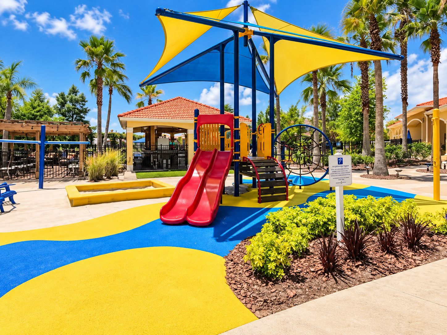Un parque infantil con tobogán, estructuras para escalar y una zona de descanso techada.