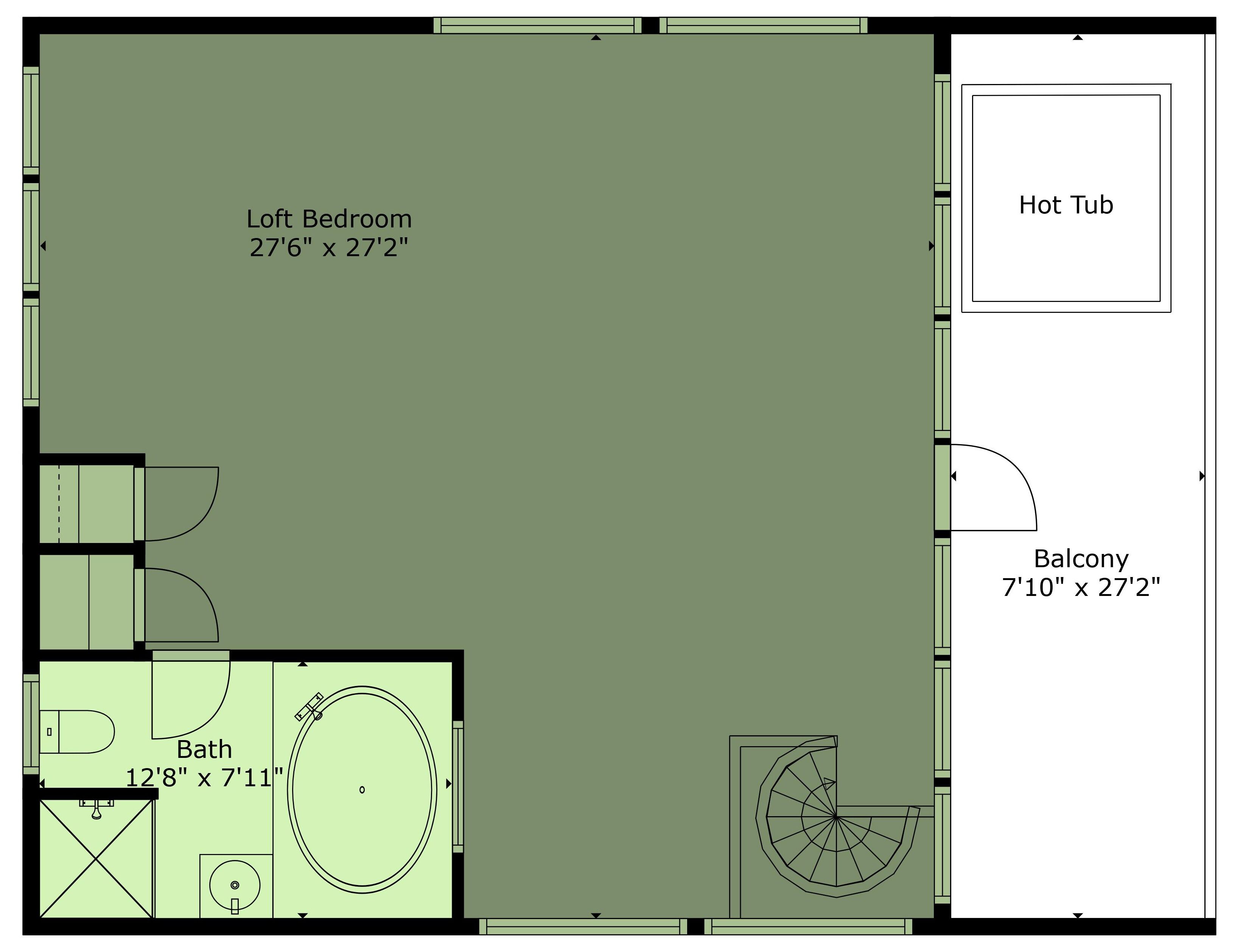 A floor plan with a loft bedroom measuring 27'6" x 27'2", a balcony of 7'10" x 27'2", and a bath area of 12'8" x 7'11".