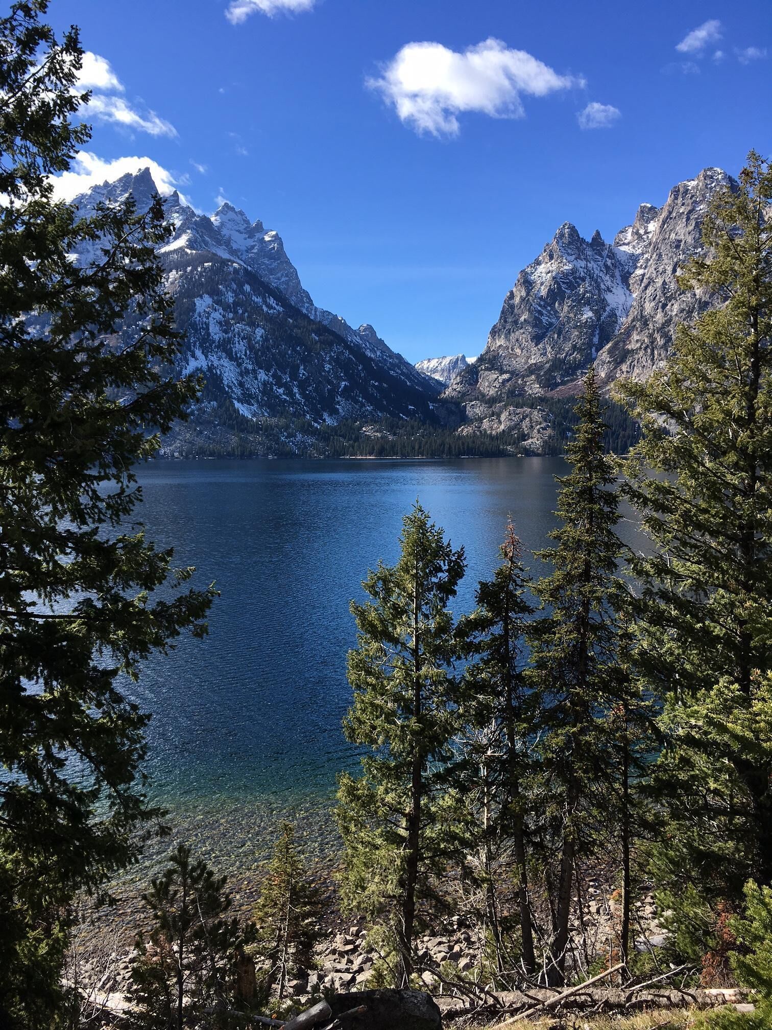 Paesaggio montuoso con un lago, circondato da alberi.