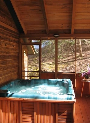 Enjoy the private hot tub on the screen porch, which backs up to the forest!