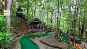 A miniature golf course with a green putting green, a wooden clubhouse, and a surrounding wooded area.
