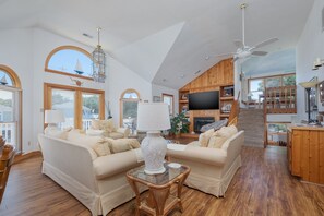 TV, fireplace, DVD player, foosball