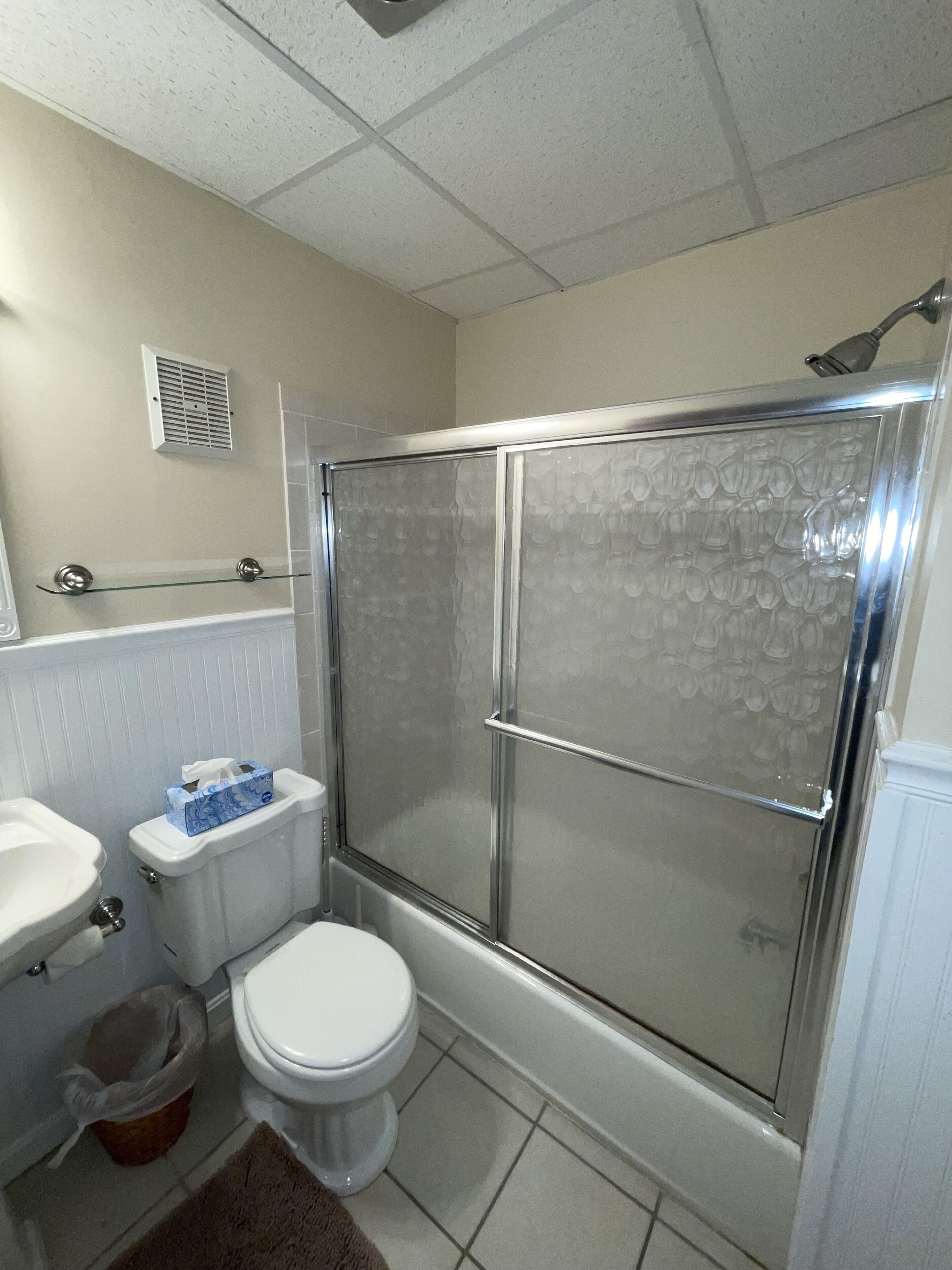 A bathroom with a glass-enclosed shower, a toilet, a sink, and a trash can.