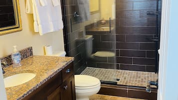 Combined shower/bathtub, hair dryer, towels, toilet paper