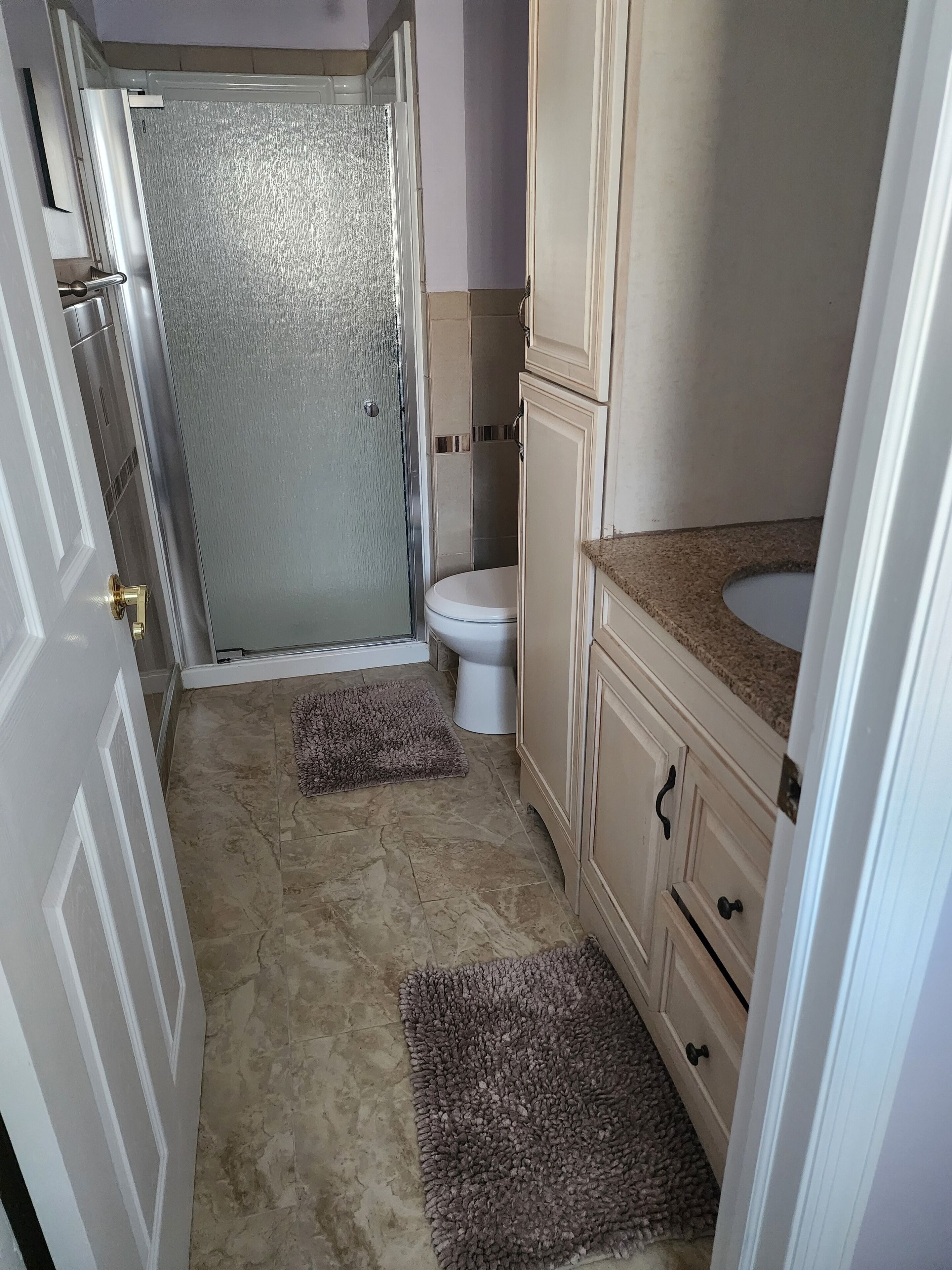 Een badkamer met een douche, toilet en wastafel.