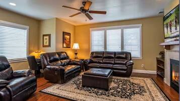 Smart TV, fireplace, DVD player, video library