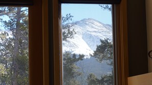 Ein Fenster mit Blick auf einen verschneiten Berg und Bäume.