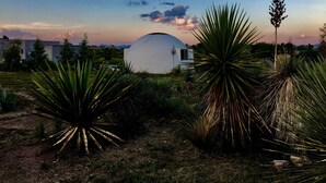 Un bâtiment sphérique entouré de plantes d’agave, se détachant sur le ciel au coucher du soleil.