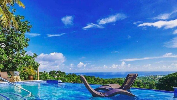 Ein Pool mit Liegestühlen, klarem blauen Wasser und Blick auf den Ozean und viel Grün.