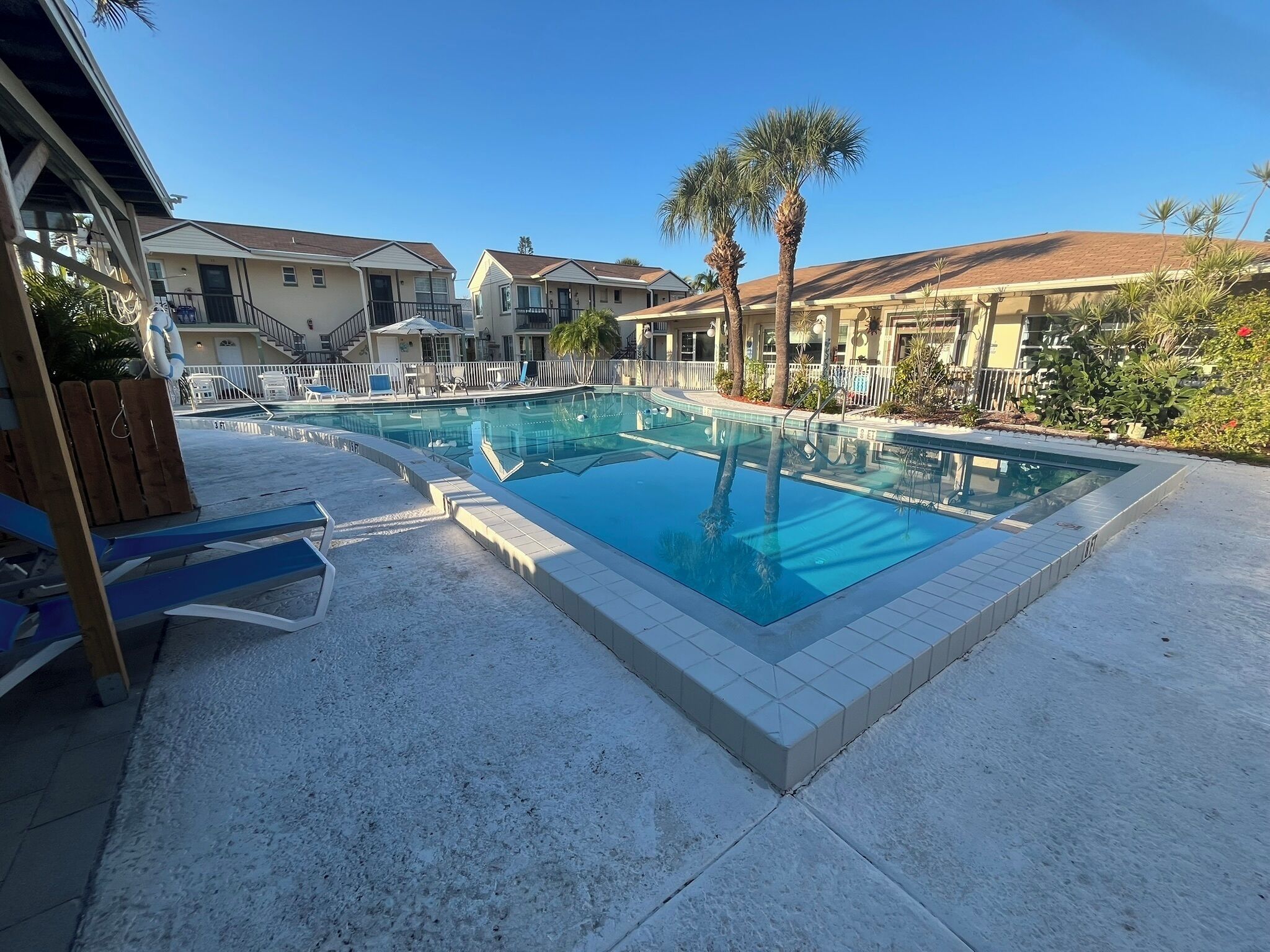 A swimming pool with lounge chairs and palm trees, surrounded by buildings.