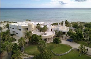 A modern white building with a circular central structure, surrounded by palm trees and a view of the ocean.
