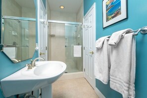 Hair dryer, towels, soap, shampoo