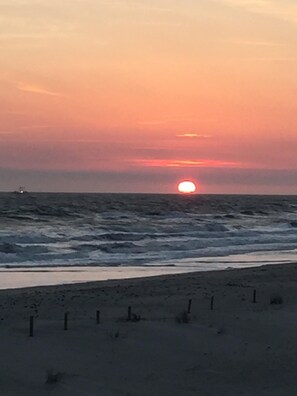 On the beach, sun-loungers