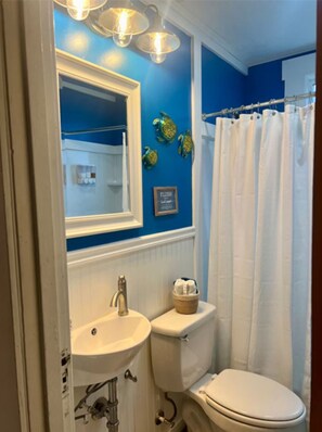 Combined shower/bathtub, hair dryer, towels