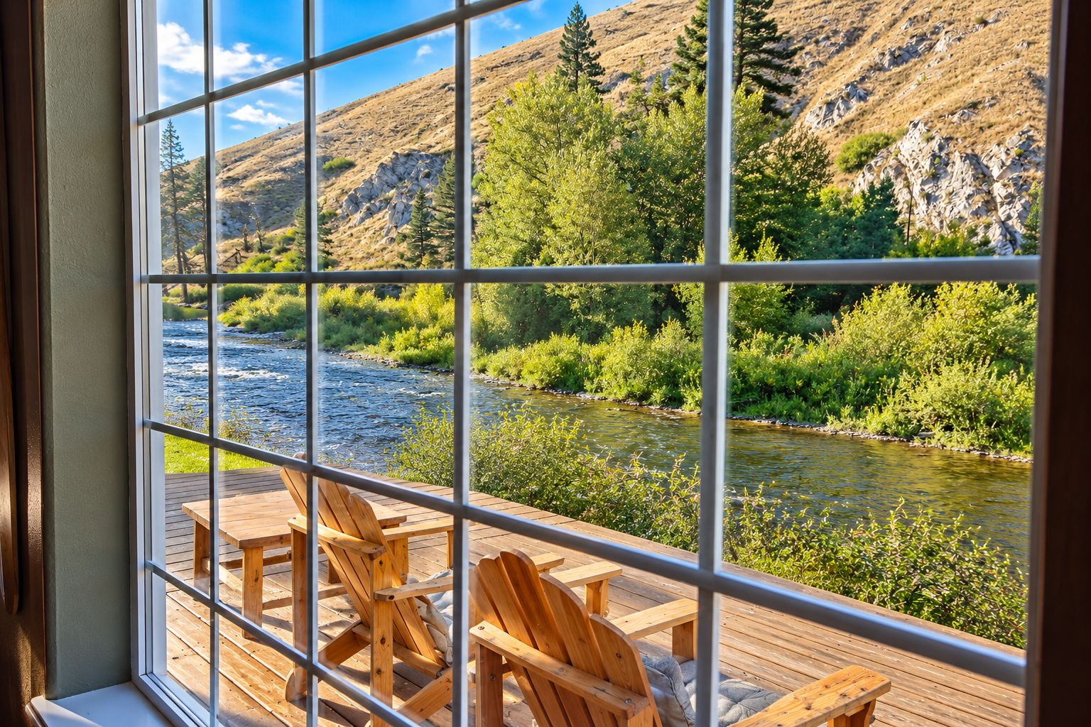 A wooden deck with chairs overlooking a river and mountains.