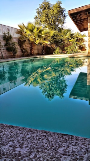 A clear swimming pool with a reflection of surrounding trees and a wooden structure. - Make Your Friends Jealous (Indio)
