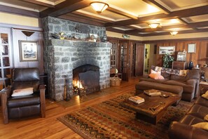 Smart TV, fireplace, books