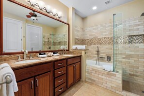 Hair dryer, towels, soap, shampoo