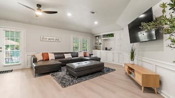 Smart TV, fireplace, video games, DVD player