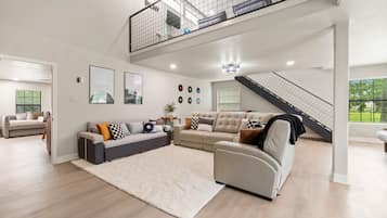 Smart TV, fireplace, video games, DVD player
