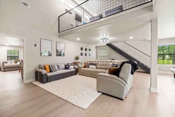 Smart TV, fireplace, video games, DVD player