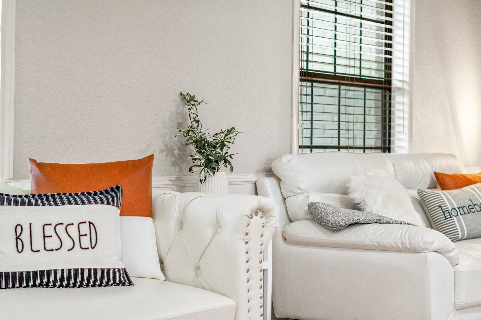 A white sofa with a striped pillow labeled "BLESSED" and a potted plant.