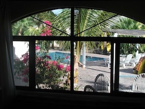 A pool area with a view through a window, including a pool, lounge chairs, and palm trees.