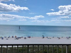 On the beach, sun loungers, beach towels