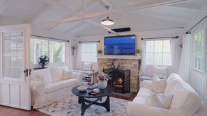 TV, fireplace, books, music library