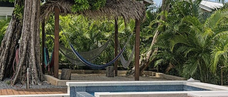A swimming pool with a wooden deck, a hammock, and tropical vegetation.