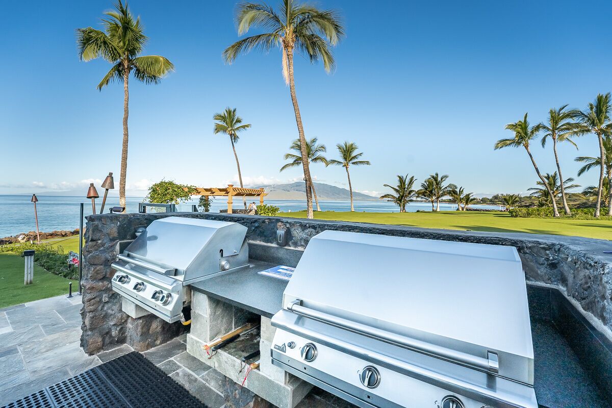 A barbecue area with two grills, palm trees, and a view of the ocean.