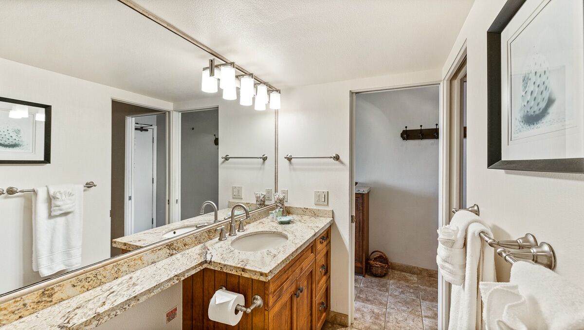A modern bathroom with a double sink vanity, a large mirror, and a walk-in shower.