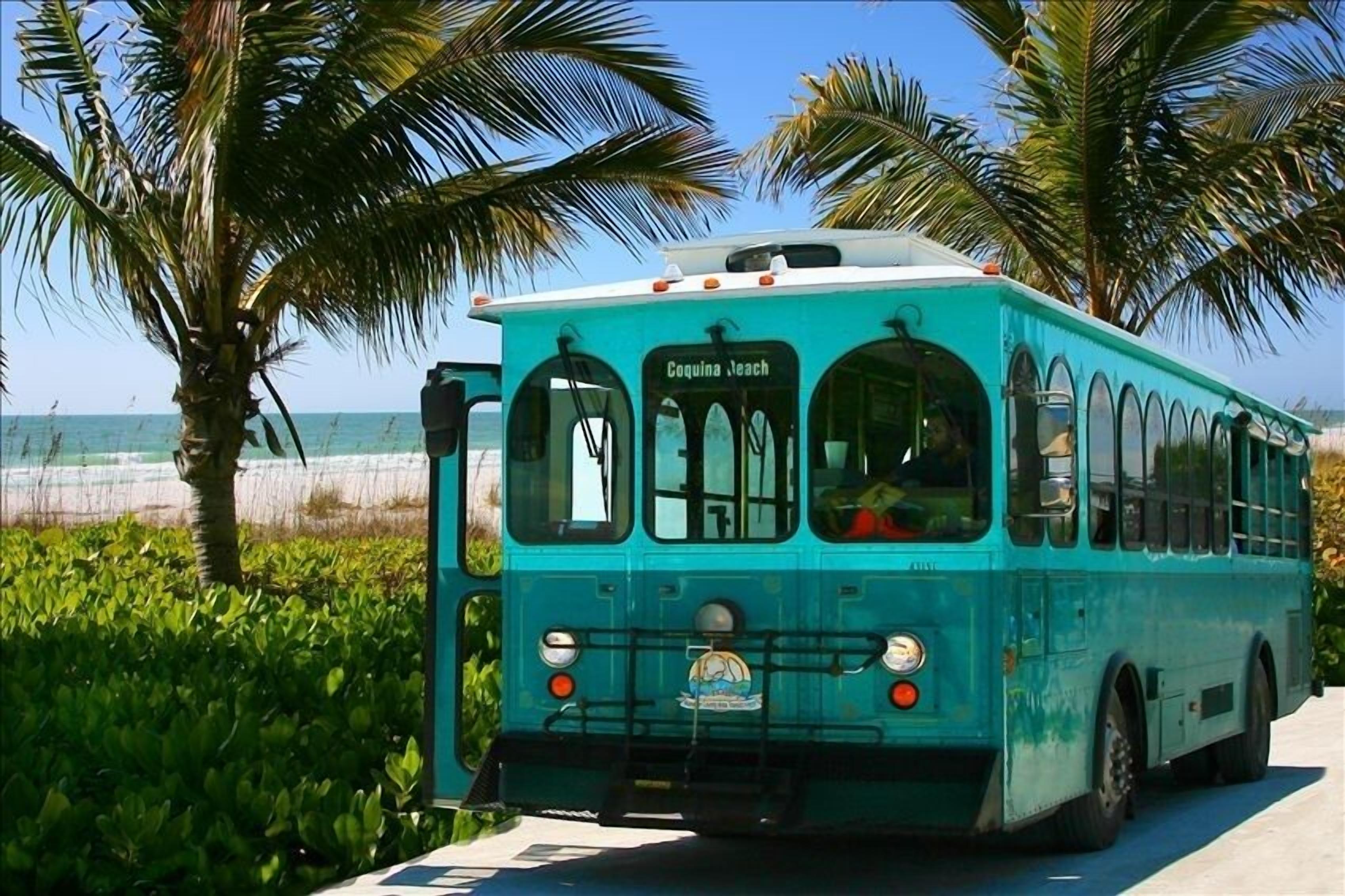Un autobus turquoise portant l’inscription « Coquina Jeach » est garé sur une zone pavée, avec des palmiers et une plage en arrière-plan.