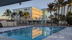 A rectangular pool with a metal ladder, surrounded by a black fence and palm trees.