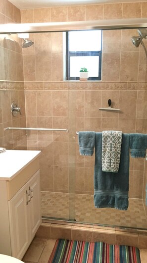 Hair dryer, towels, soap, toilet paper