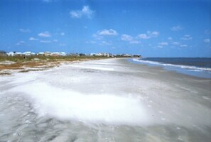 A beach with a sandy shore and a few houses in the background.