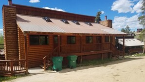 A wooden cabin with a metal roof, a porch, and a dirt driveway.